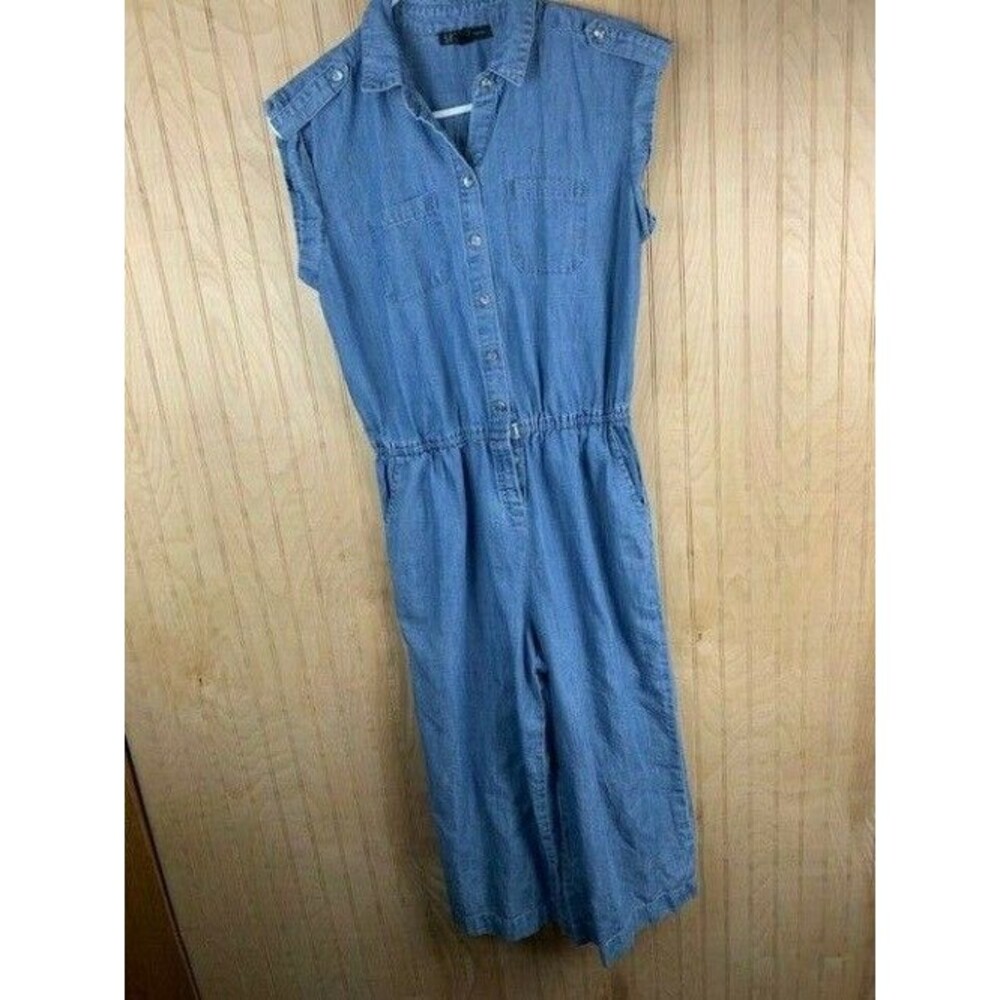 Spense Size 10 Petite Womens Crop Jumpsuit Light Wash Elastic Waist Short Sleeve
